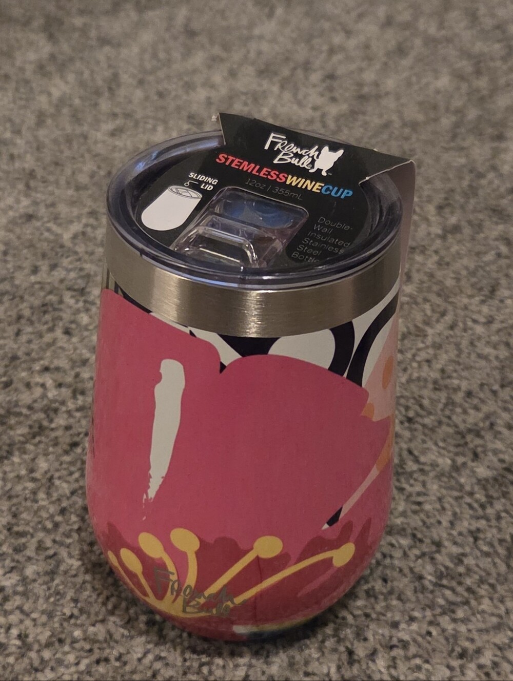 French Bull Pink Floral Stemless Wine Cup - Insulated Stainless Steel